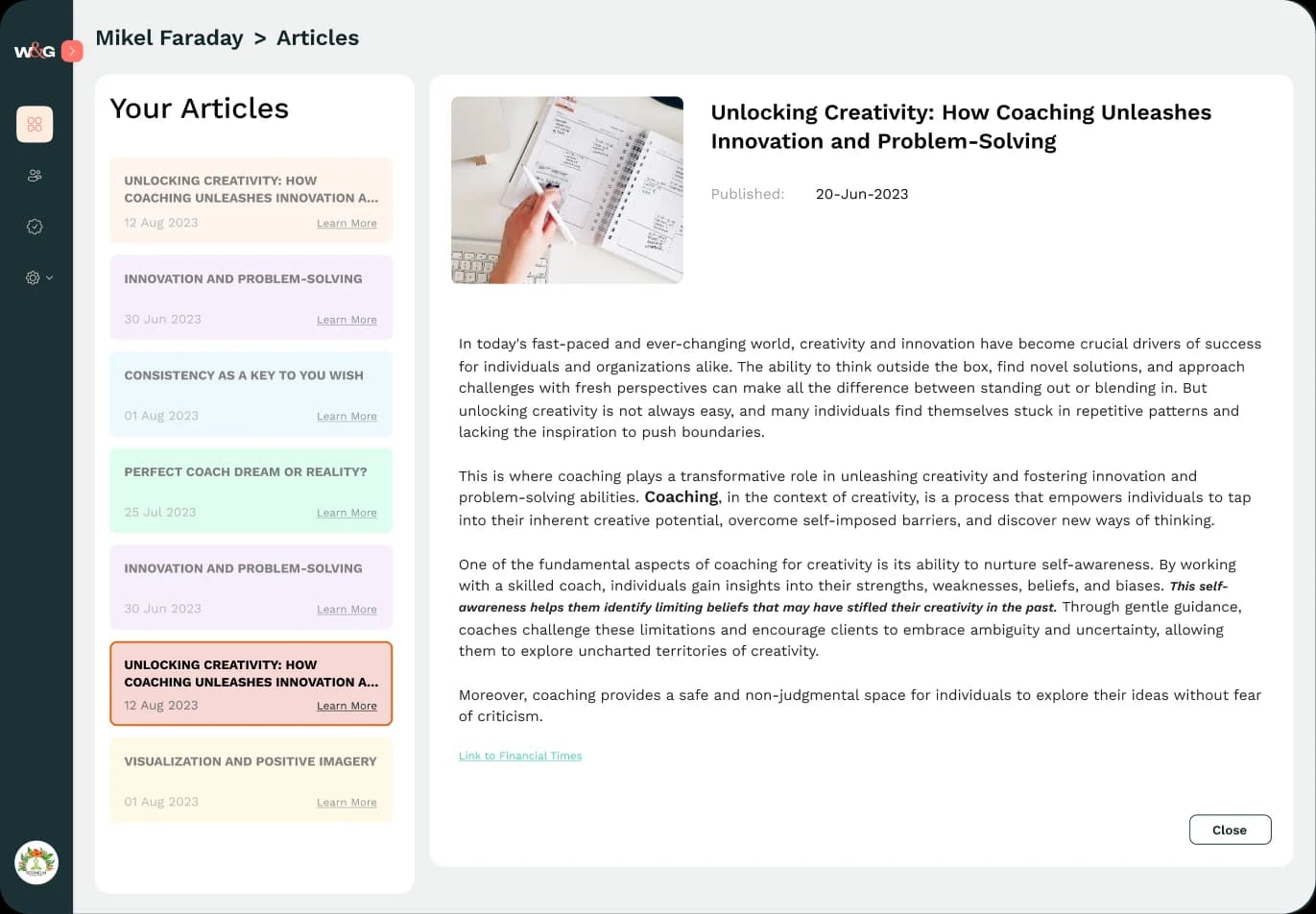 Article library listing the published pieces beside a reading pane