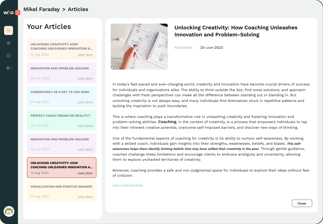 Article library listing the published pieces beside a reading pane
