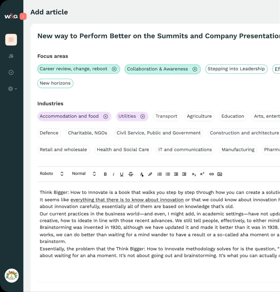 Add-article editor with focus areas, industries and the rich text body