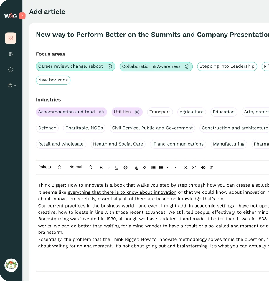 Add-article editor with focus areas, industries and the rich text body