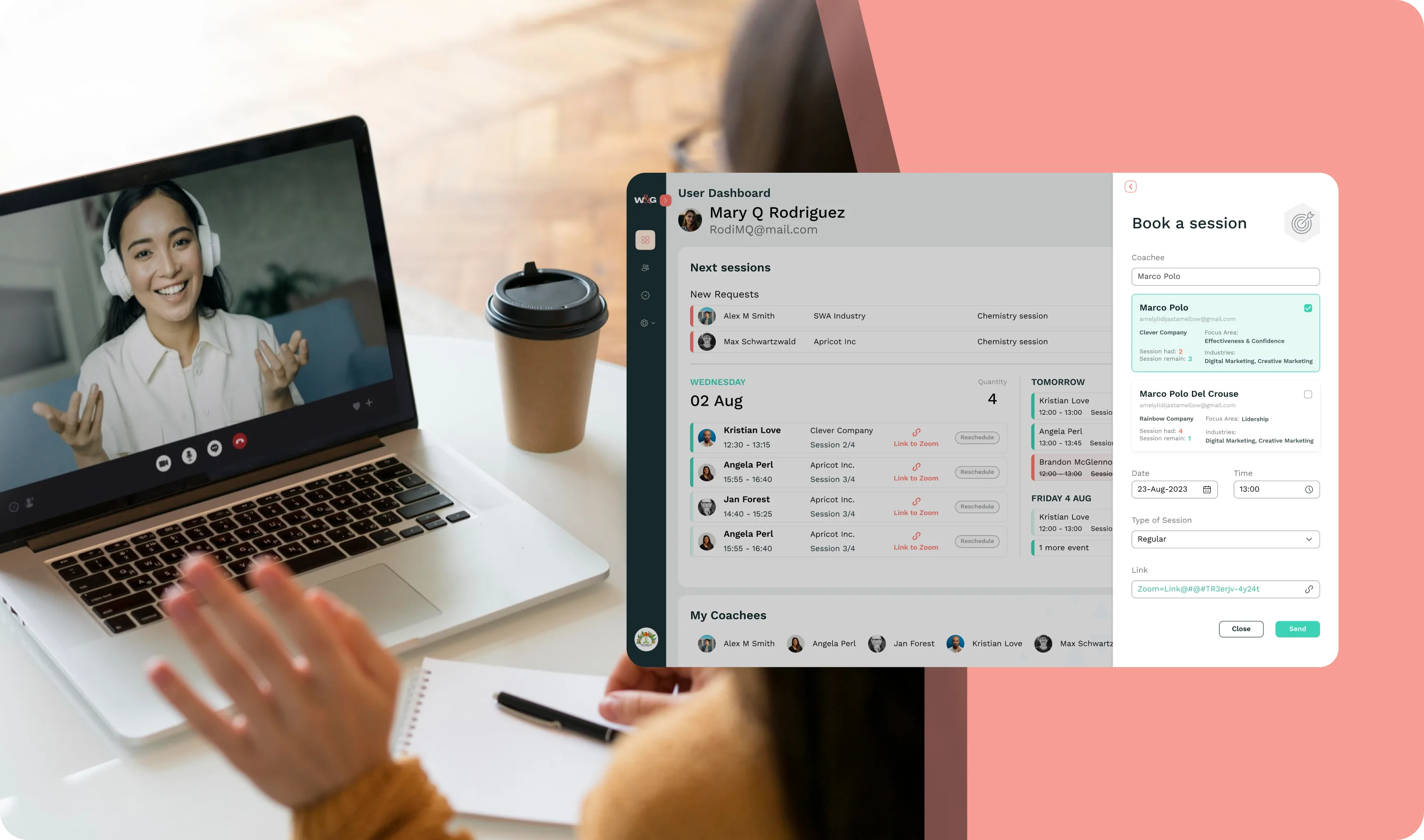 Coach dashboard with session requests and the booking panel beside a video call