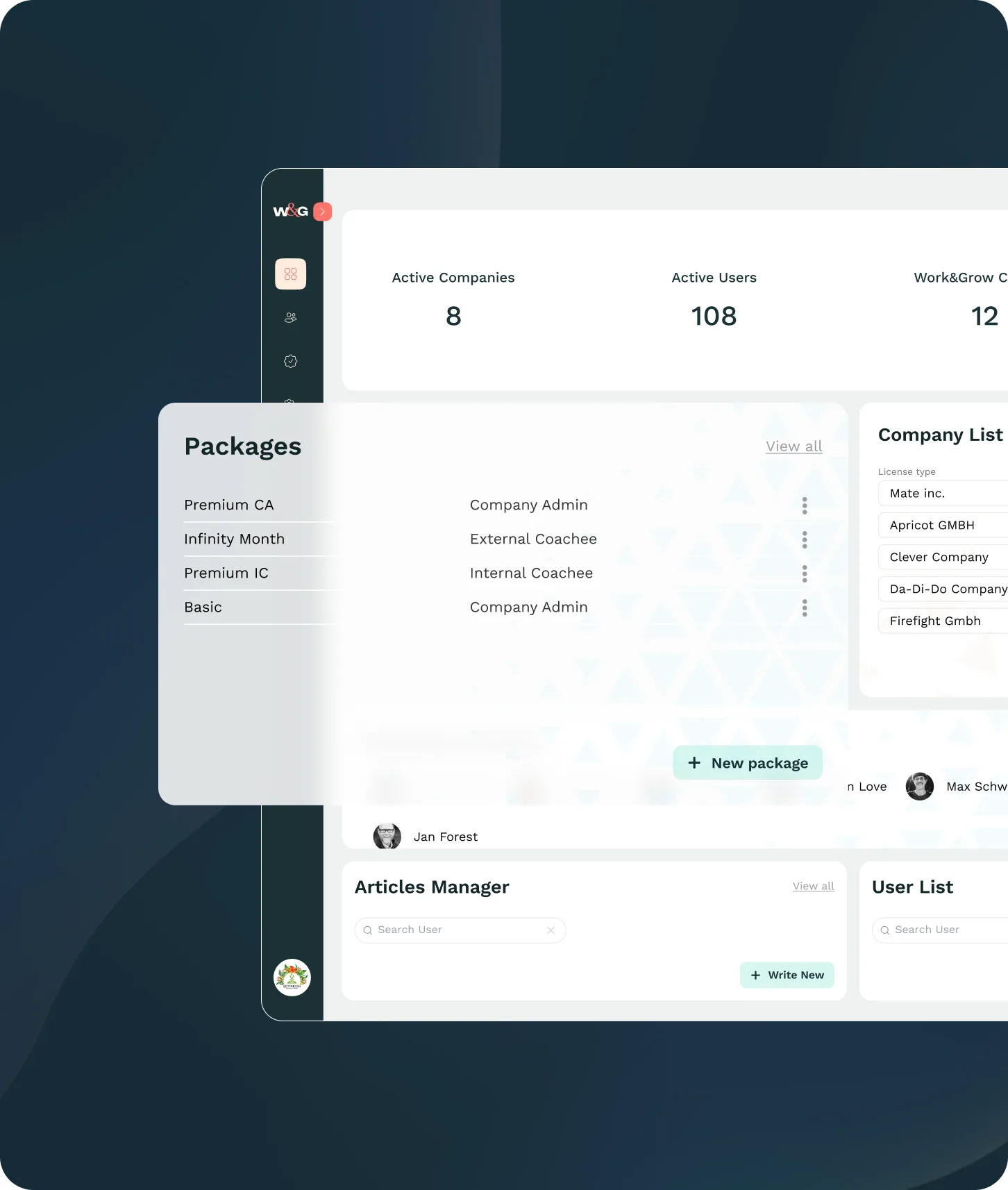 Company administration with packages, active users and the article manager