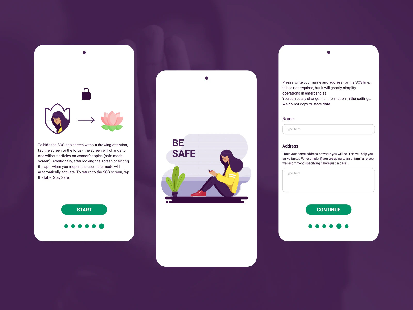 Be Safe app screens with the SOS home and safe mode views