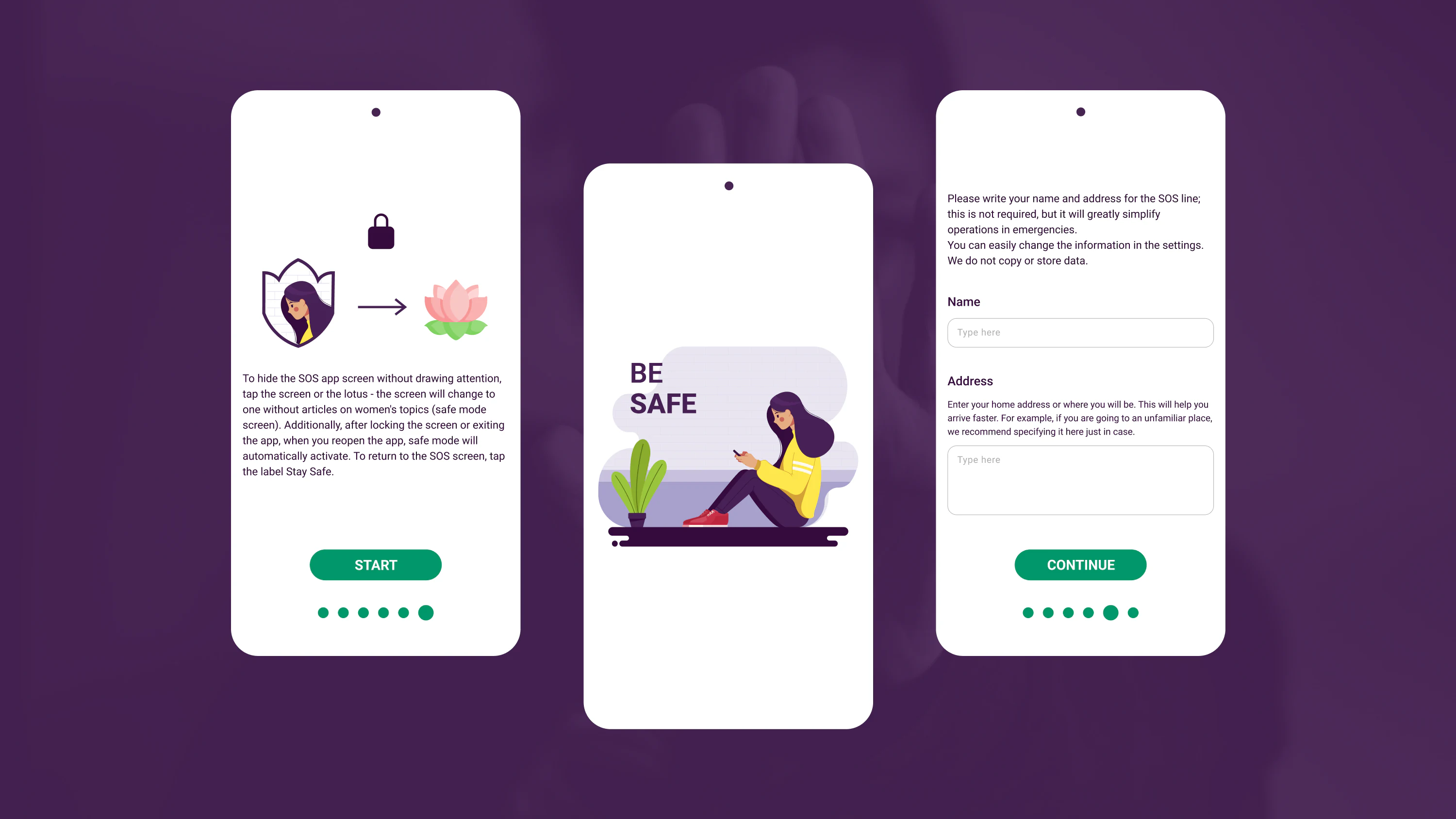 Be Safe app screens with the SOS home and safe mode views
