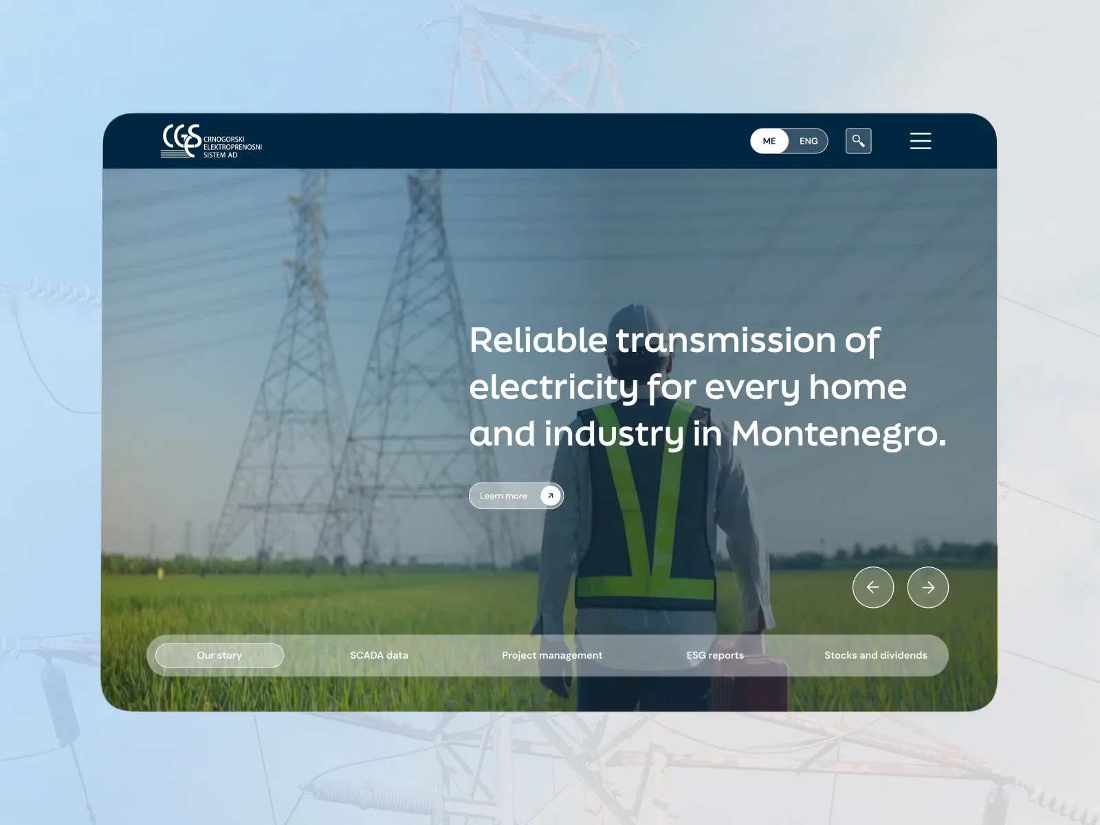The CGES corporate portal homepage with the Montenegrin and English language switcher